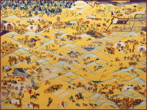 B.Sharav, the founder of modern Mongolian fine art, depicted “One Day in Mongolia” painting between 1911 -1913. This work literally brims over with the joyful richness and funny details of the daily life of the Mongolians from the Khangai (mountainous) landscape to the Gobi Desert. Mongolia Art Painting, Mongolian Art Painting, Mongolia Painting, Mongolia Art, Mongol Art, Mongolian Art, Japanese Calligraphy Art, Mountainous Landscape, Horse Oil Painting