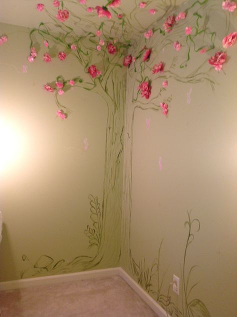 Fairy garden mural Fairy Garden Wall Mural, Fairy Mural Kids Rooms, Fairy Garden Wall Decor, Flower Bedroom Mural, Flower Fairy Bedroom, Garden Fairy Bedroom, Cute Painted Walls, Green Fairy Bedroom, Fairy Garden Mural