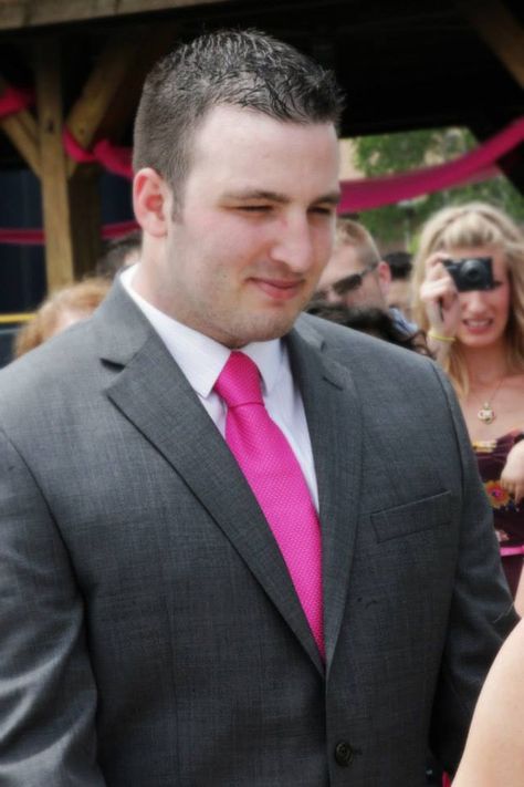 Groom wearing dark gray suit with white dress shirt and fushia tie (with silver speckles) #outdoor #park #wedding #reception #pavilion #pink #fuschia #gray #silver #budget #DIY #ceremony Dark Gray Suit With Pink Tie, Gray Suit With Pink Tie, Wedding Reception Pavilion, Suit With Pink Tie, Park Wedding Reception, Grooms Men, Dark Gray Suit, Fuchsia Wedding, Charcoal Suit