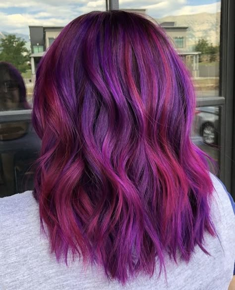 Vivid Hair Balayage, Cool Vivid Hair Color, Magenta Hair With Highlights, Berry Purple Hair, Vivid Hair Color Ideas For Brunettes, Jewel Tone Hair, Vivid Color Hair, Dramatic Hair Color, Joico Color Intensity