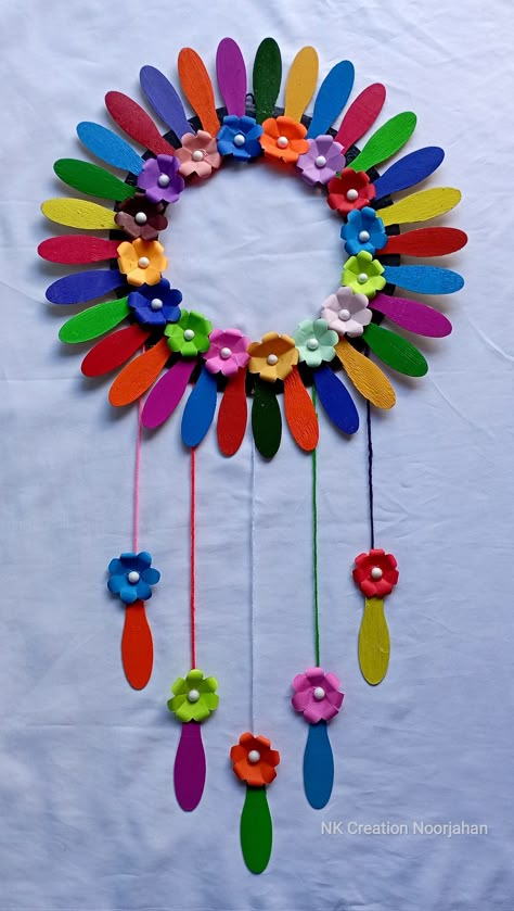 #wallhanging #popsiclestickcraft #icecreamspooncraft Craft For Class 3 Students, Ice Cream Spoon Craft Ideas, Ice Cream Spoon Craft, Wallhanging Aesthetic, Diy Wall Hanging Decorations, Wooden Ice Cream Spoons, Craft Exhibition, Popsicle Craft, Snowflake Making