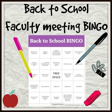 Mskcpotter: FREE Faculty meeting back to school BINGO Back To School Bingo, Secondary English Classroom, School Team Building, Sunshine Committee, Faculty Meetings, Teacher Morale, Back To School Funny, Teacher Motivation, Morale Boosters