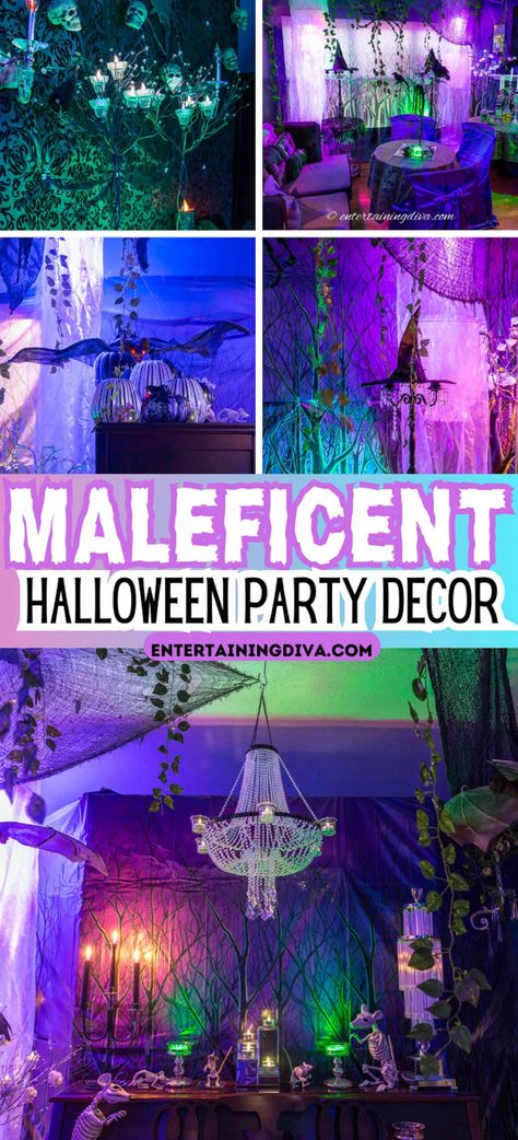 Maleficent Halloween Party Decor Indoor Halloween Party Decor Ideas, Enchanted Forest Ideas, Enchanted Forest Halloween, Epic Halloween Party, Maleficent Cake, Halloween Party Decor Ideas, Maleficent Party, Maleficent Halloween, Halloween Themed Party