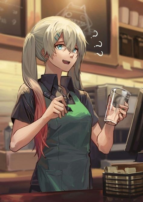 Anime Barista, Starbucks Anime, Anime Working, Bartender Anime, Anime Restaurant, Female Barista, Starbucks Girl, Sejarah Asia, Art Manga