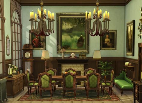 Sims 4 Dining Room Ideas, Sims Interior Ideas, Bloxburg Victorian Dining Room, Sims Dining Room, Sims 4 Victorian House Interior, Sims 4 Dark Academia Living Room, Sims 4 Manor Interior, Sims 4 Edwardian House, Sims 4 Victorian Interior