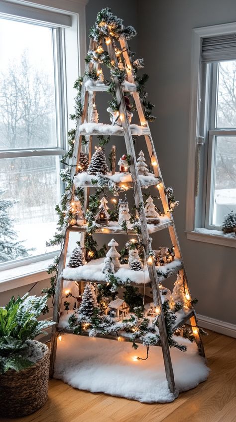 17+ Unique Christmas Ladder Tree Ideas to Inspire Your Holiday Decor - Evinco Design Ladder Christmas Tree Ideas, Ladder Tree, Christmas Ladder, Ladder Christmas Tree, Christmas Ideas Crafts, Cozy Christmas Living Room, Christmas Entryway, Small Living Spaces, Green Garland