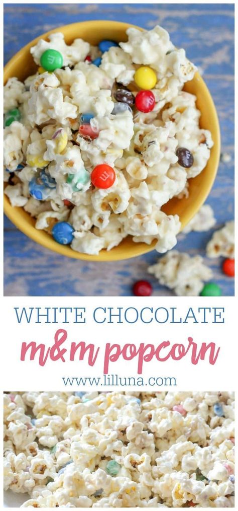 White Chocolate Popcorn Mix, Popcorn Snack Mix Recipes, Popcorn Mix Recipes, White Chocolate Popcorn Recipe, Popcorn Recipes Chocolate, Popcorn Recipes Sweet, Popcorn Recipes Easy, Chocolate Covered Popcorn, White Chocolate Popcorn