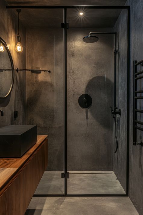 Discover sleek, modern bathroom ideas with this industrial design. Elegant dark tones and minimalist fixtures create a sophisticated space. Perfect for contemporary homes! 🖤 #BathroomDesign #ModernLiving #HomeInspiration Dark En Suite Shower Room, Industrial Modern Bathroom Ideas, Dark Concrete Bathroom, Small Industrial Bathroom Ideas, Modern En Suite Bathroom, Darker Bathroom Ideas, Dark Industrial Bathroom, Dark Bathroom Tile Ideas, Industrial Toilet Design