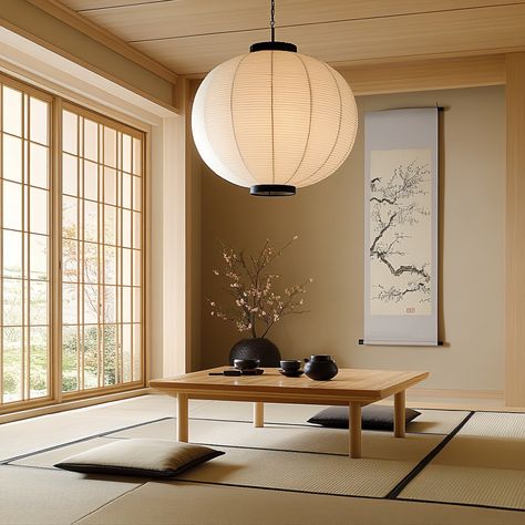 Experience the serenity of a traditional Japanese tea room designed for peaceful contemplation. With tatami mats, paper lanterns, and a simple flower arrangement, this minimalist space honors the beauty of natural materials and timeless traditions. #JapaneseTeaRoom #SereneSpaces #MinimalistDesign #TraditionalDecor Tatami Tea Room, Japanese Modern Home, Tea Room Design, Japanese Tea Room, Modern Traditional Living Room, Japanese Modern House, Japanese Inspired Home, Japanese Living Room, Asian Inspired Decor