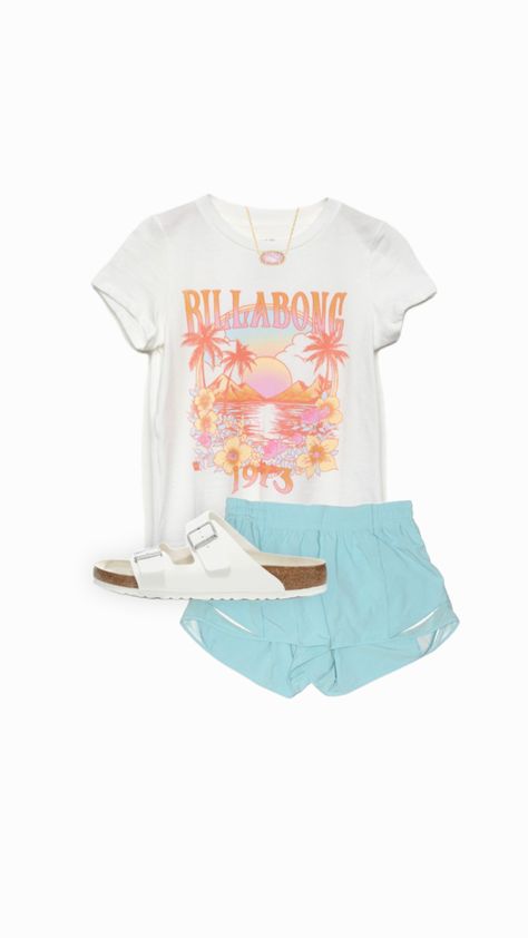 #outfitinspo #summer #billabong #ocean #colorful #lululemon #birkenstocks #preppy #kendrascott Billabong Shirt Outfit, Billabong Fits, Preppy Short Sleeve Summer T-shirt, Preppy Billabong Shirt, Billabong Outfits, Camp Fits, Preppy Shirts, Billabong T Shirt, Billabong Shirt