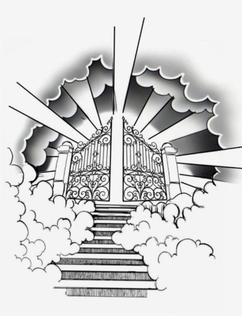 Heavens Gates Tattoo Design, Gates Of Heaven Tattoo, Stairway To Heaven Tattoo, Church Tattoo, Cloud Tattoo Design, Memorial Tattoo Ideas, Aztec Drawing, Balance Tattoo, Dove Tattoo Design