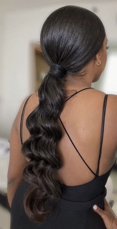 Slick Back Ponytail Wedding Guest, Slick Back Low Ponytail Prom, Sleek Bridesmaid Ponytail, Black Bride Ponytail Hairstyles, Low Slicked Ponytail, Slick Back Prom Hair Sleek Ponytail, Slick Ponytail Prom, Low Ponytail Hairstyles For Black Women Natural Hair, Prom Hairstyles Low Ponytail