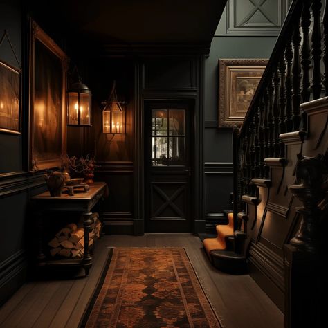 Dark Hallway Ideas, Hallway Interior Design, Hallway Wall Colors, Moody Interior Design, Dark And Moody Interiors, Hallway Interior, English Cottage Interiors, Dark Basement, Dark Hallway