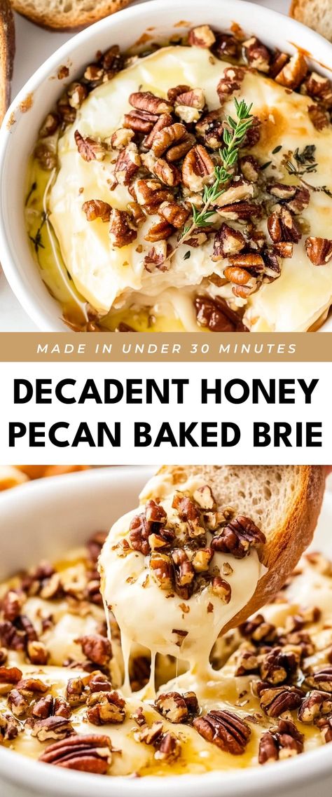 Image for Decadent Honey Pecan Baked Brie Honey Pecan Brie Bites, Baked Brie And Honey, Baked Brie With Honey And Pecans, Baked Brie Pecans, Warm Brie Appetizer, Recipes With Brie, Brie Dishes, Baked Brie With Honey, Brie With Honey