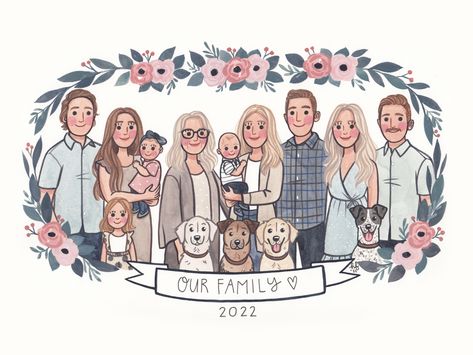 Big Family Drawing, Procreate Family Portrait, Painted Family Portraits, Family Drawing Easy, 가족 일러스트, Illustrated Family Portrait, Family Sketch, Family Portrait Drawing, Grace Art