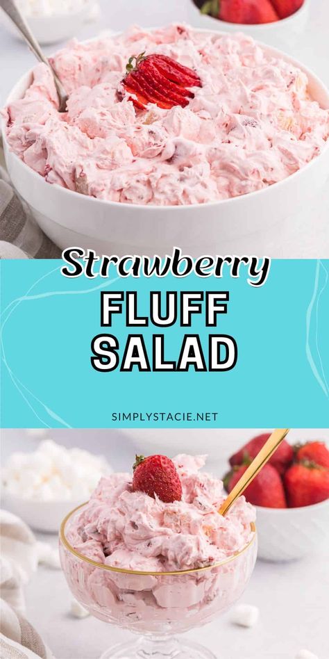 Strawberry Fluff Salad Pink, fluffy and sweet! This fast and easy one-bowl recipe is a delicious dessert/side dish for a backyard BBQ or potluck. Dump, chill and go! Jello Cottage Cheese Salad, Strawberry Fluff Salad, Cool Whip Pies, Fluff Salad Recipes, Strawberry Fluff, Fluff Salad, Strawberry Pie Filling, Beef Jerky Recipes, Fluff Recipe