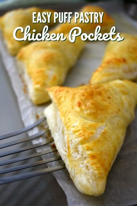 Puff Pastry Chicken Bundles, Chicken Hand Pies Puff Pastries, Puff Pastry Wrapped Chicken, Puff Pastry Recipes With Chicken, Chicken In A Pastry, Chicken Pasty Puff Pastries, Recipes Using Puff Pastry Dinners, Pastry Puff Dinner Recipes, Recipes Using Pastry Dough