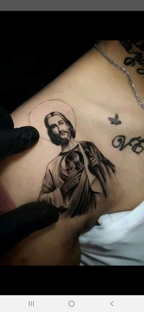 San Judas Tattoo Women, San Judas Tadeo Tattoo For Women, Small San Judas Tattoo, San Judas Tadeo Tattoo, Small Music Tattoos, Remembrance Tattoos, Hand And Finger Tattoos, Saint Jude, Cool Forearm Tattoos