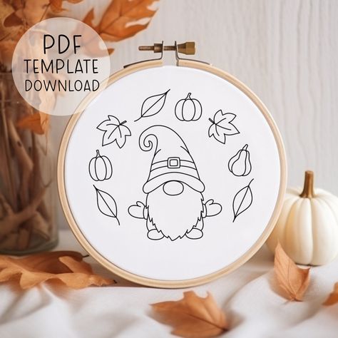 Thanksgiving Gnome Embroidery Pattern Download, Cute Fall Gnome Embroidery Art, Autumn Embroidery, Handmade Fall Embroidery Gnome Pattern Embroidery Fall Patterns, Free Fall Embroidery Patterns, Embroidery Gnome Patterns, Gnome Embroidery Patterns, Christmas Gnome Embroidery, Cat Lover Birthday, Embroidery Hearts, Embroidery Template, Types Of Stitches