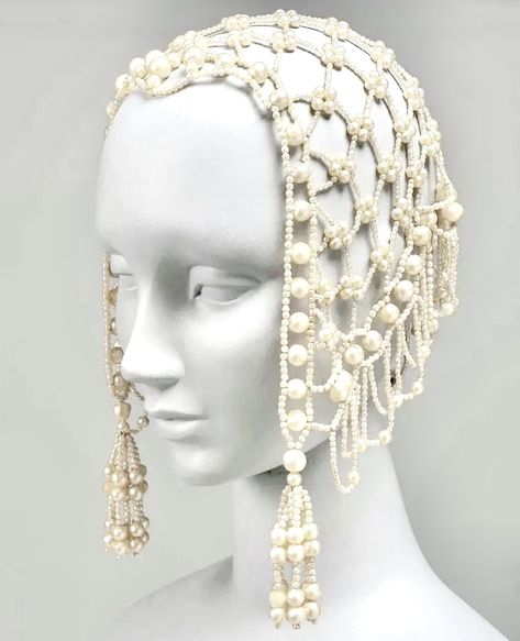 1920s Pearl Headpiece, Pearl Head Dress, 1920s Headdress, Crochet Headpiece, Pearl Head Piece, Beaded Headdress, Pearl Hat, قلادات متدلية, 1920s Headpiece