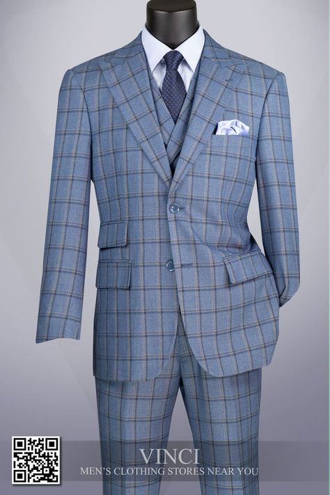 Fitted Plaid Suit With Notch Lapel, Blue Windowpane Suit Men, Classic Fitted Plaid Three-piece Suit, Plaid Single-breasted Suits For Tailoring, Classic Single-breasted Plaid Suits, Windowpane Suit, Checked Suit, Blue Suit Wedding, Light Blue Wedding