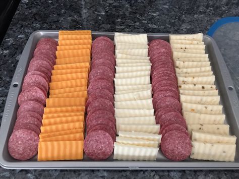 Got creative and used a cookie sheet for a party cheese and sausage tray. Cheese Sausage Tray, Summer Sausage And Cheese Tray, Easiest Finger Foods For Party, Party Cookie Tray, Simple Meat And Cheese Tray, Cheese And Sausage Tray Ideas, Sausage And Cheese Tray, Meat Cheese And Cracker Tray Ideas, Cheese And Cracker Tray Ideas