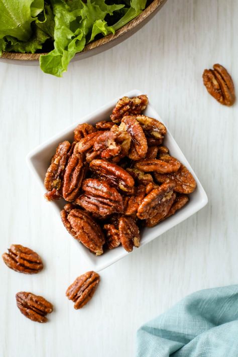 Small Batch Candied Pecans Candied Pecan Pieces, Quick Candied Pecans, Carmelized Pecans, Easy Candied Pecans, Easy German Chocolate Cake, Salad Topping, Glazed Pecans, No Cook Appetizers, Soup Appetizers