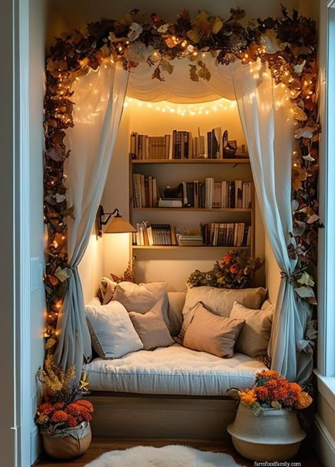 30 Charming Fall Reading Nook Ideas to Warm Up Your Home 48 Book Nook In House, Storage Nook Ideas Small Spaces, Diy Outdoor Reading Nook, Loft Reading Nook Cozy Corner, Apartment Corner Ideas Living Rooms, Unique Reading Nooks, Reading Nook In Small Living Room, How To Make A Reading Corner, Reading Nook No Window