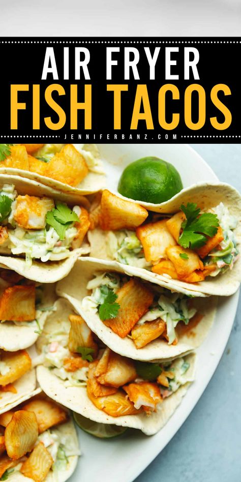 Make fish tacos the easy way with your air fryer! Flaky, perfectly seasoned fish with creamy cilantro lime slaw is a perfect combo. These air fryer fish tacos will become a weeknight staple. Fish Tacos Air Fryer, Air Fryer Fish Tacos, Crunchy Slaw Recipe, Cod Fish Tacos, Oven Salmon, Cilantro Lime Slaw, Homemade Pizza Crust, Easy To Cook Meals, Air Fryer Fish