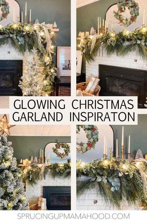 Beautiful glowing and layered christmas fireplace mantel garland inspo for your christmas fireplace decor