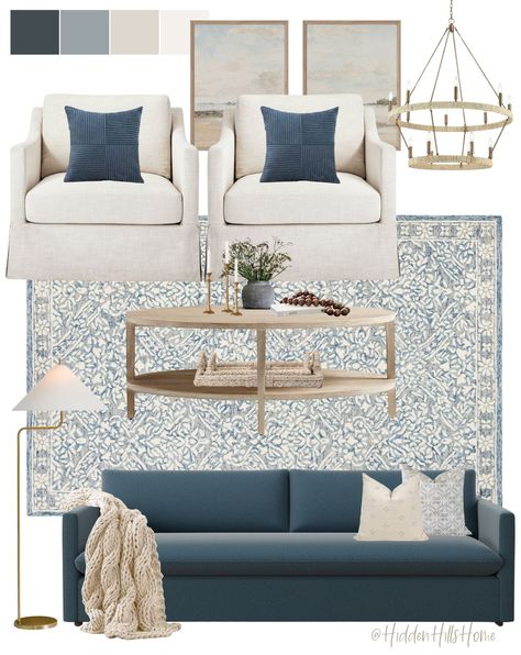 hiddenhillshome on LTK Blue Tones Living Room, Room Decor Mood Board, Wood Living Room Decor, Cozy Coastal Living Room, Coastal Living Room Decor, Decor Mood Board, Florida Living Room, Blue Sofa Living, Blue Couch Living Room