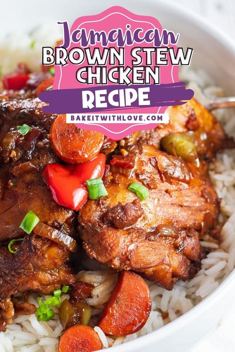 A bowl of white rice topped with Jamaican brown stew chicken with lots of tender carrots. Jamaican Stew Chicken, Stew Chicken Recipe Jamaican, Stewed Chicken Jamaican, Caribbean Dinner, Jamaican Stew, Jamaican Brown Stew, Jamaican Brown Stew Chicken, Brown Stew Chicken, Stew Chicken