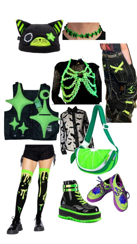 Neon Green Cyberpunk Outfit, Grunge Green Aesthetic Outfits, Green Goth Clothes, Neon Punk Outfits, Neon Punk Fashion, Alien Halloween Costumes, Punk Fashion Aesthetic, Star Character Design, Creepy Cute Outfits