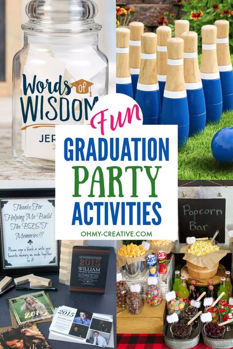 Beyond the food and invitations, it's important to also plan fun graduation party activities for your guests. These ideas will help you create a party that is as amazing as your graduate! Graduation Party Activities That Are Fun, Easy & Affordable Fun graduation party activities for your guests: Giant Yard Games; Words Of Wisdom Jar; Ice Cream or Popcorn Bar; Polaroid Photo Guest Book Words Of Wisdom Jar, Polaroid Photo Guest Book, Aesthetic Graduation Party, Guys Graduation Party, Graduation Party Activities, Graduation Party Guest Book, Jar Ice Cream, Creative Graduation Party Ideas, Graduation Activities