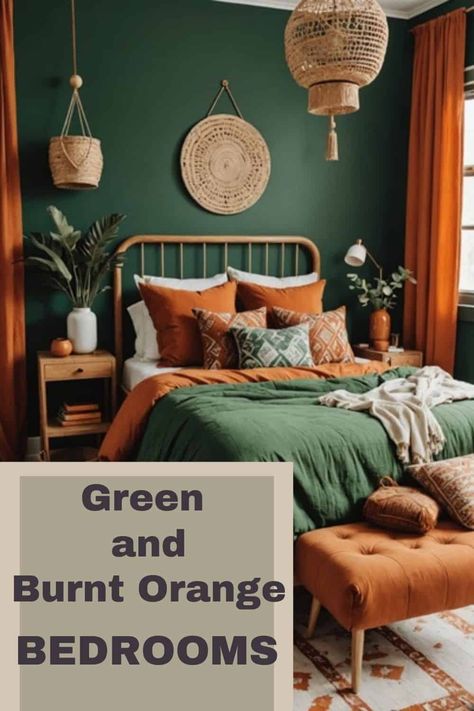 Discover stylish green and burnt orange bedroom ideas! Learn how to mix shades, textures, and decor to create a cozy, bold, and balanced space Burnt Orange Bed Frame Decor, Terracotta And Green Bedroom Ideas, Orange Green Decor, Green And Mustard Bedroom, Green And Burnt Orange Bedroom, Boys Green Bedroom Ideas, Burnt Orange Bedroom Ideas, Orange Green Bedroom, Green And Orange Aesthetic