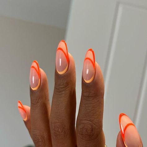 Negative French Nails, Negative Space French Nails, J Nails, Negative Space Nails, Dnd Gel Polish, Crazy Nail Art, Crazy Nails, Orange Nails, Glam Nails