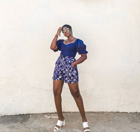 The perfect party fit is this blue and white batik shorts with the navy blue top Navy Blue Top, Party Fits, Ankara Dress, Design Dresses, African Design Dresses, African Design, Blue Top, The Navy, Perfect Party