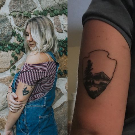 National Parks tattoo National Park Logo Tattoo, Park Ranger Tattoo, National Park Service Tattoo, National Park Tattoo Sleeve, Glacier National Park Tattoo Ideas, Yellowstone National Park Tattoo Ideas, Arches National Park Tattoo, Yellowstone National Park Tattoo, National Parks Tattoo Ideas