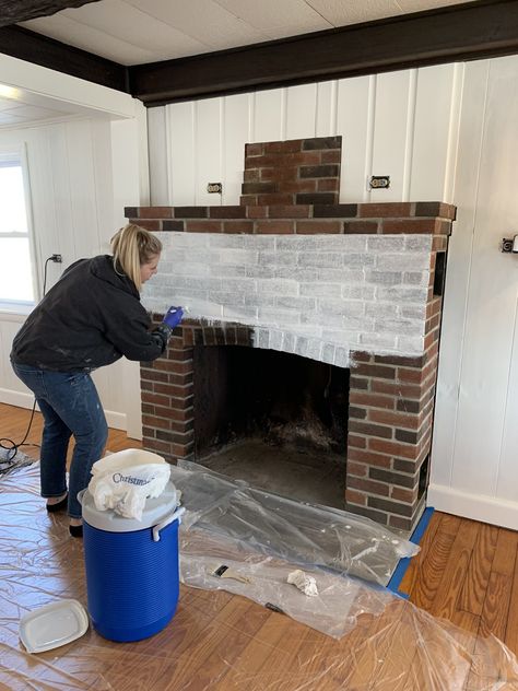 Traditional Brick Fireplace, Reface Brick Fireplace, Paint Brick Fireplace White, Redo Fireplace, Pellet Stove Ideas Living Rooms, Whitewashed Brick Fireplace, Wood Burning Stove Ideas, Pellet Stove Ideas, Fireplace Step