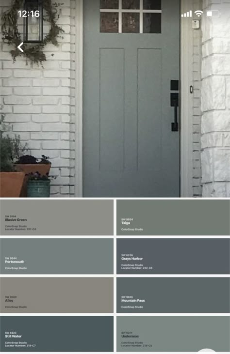 Gray House With Green Door, Grey Siding Green Door, Tan House Front Door Color, White House Black Shutters Door Color, Green Front Door Grey House, Sage Front Door Brick House, Brown House Front Door Color, Exterior Door Colors With Tan Siding, Painted Brick House Exterior Green Grey