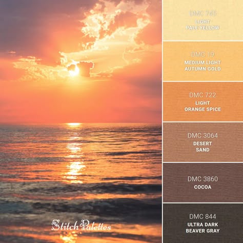 Golden Hour - Embroidery Color Palette (With Thread Codes) Embroidery Color Palette, Light Autumn, Sunset Color Palette, Orange Palette, Sunset Color, Orange Spice, Magic Hour, Sunset Colors, Thread Colors