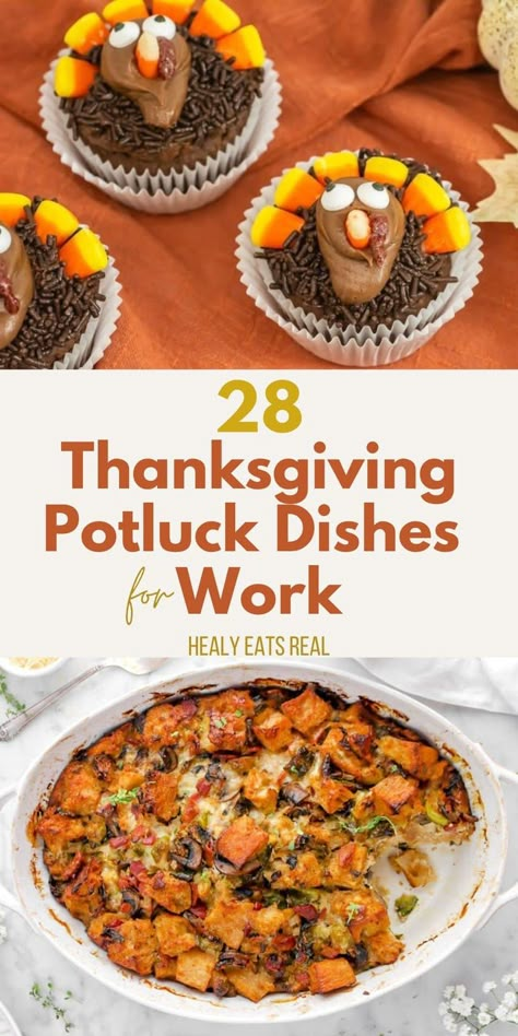 A collage displaying the text "28 Thanksgiving Potluck Dishes for Work" alongside images of turkey-themed desserts and a baked vegetable dish. Work Potluck Thanksgiving, Thanksgiving Breakfast Potluck Ideas, Autumn Potluck Dishes, What To Bring To A Work Potluck, Thanksgiving Work Party Food, Potluck Work Ideas, Thanksgiving Potluck Recipes For Work, Thanksgiving Luncheon Ideas For Work, Office Christmas Potluck Ideas