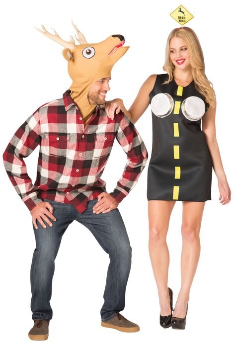 Deer In Headlights, Blond Wigs, Funny Couple Costumes, Cute Couples Costumes, Best Couples Costumes, Cute Couple Halloween, Deer Costume, Couples Halloween Costumes, Costumes For Couples