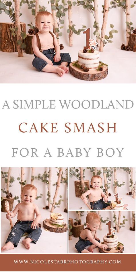 Woodland First Birthday Smash Cake, Woodland First Birthday Photo Shoot, Woodland Theme Cake Smash, Wild One Photo Shoot Boy, Boy Cake Smash Photos, Cake Smash Theme Boy, Rustic Smash Cake, Smash The Cake Boy, Cake Smash Photos Boy