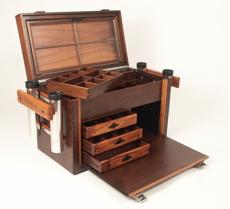 Wooden Tackle Box Ideas, Fishing Box Ideas, Fishing Tackle Box Ideas, Fly Tying Desk, Chuck Box, Fishing Rod Storage, Campaign Furniture, Fishing Box, Fishing Tackle Box