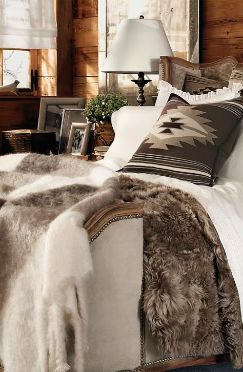 A cozy and glamourous bedding collection, Alpine Lodge features shades of cream and cocoa, bold patterns and luxe cashmere and shearling. Alpine Lodge, Winter Bedroom, Cabin Bedroom, Rustic Luxe, Lodge Decor, Mountain Homes, Cabin Fever, Rustic Bedroom, Western Decor