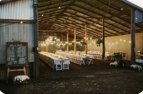 Pole Shed Wedding Receptions, Shed Reception, Shed Wedding Ideas, Farm Wedding Ceremony Ideas, Shed Wedding Decorations, Shed Wedding Reception Decoration, Farm Shed Wedding, Machine Shed Wedding Reception, Machine Shed Wedding