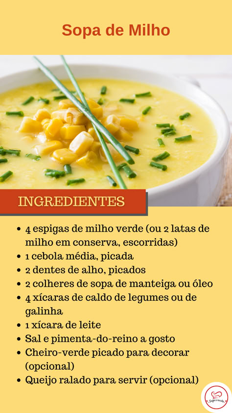 A sopa de milho é uma opção reconfortante e saborosa para os dias mais frios. Feita com milho fresco ou enlatado, esta sopa é cremosa.

Receita completa no link Cream Soup Recipes, Maize, Healthy Soup Recipes, Baby Food Recipes, Low Carb, Pasta