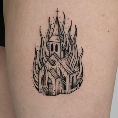 Burning City Tattoo, Cellar Door Tattoo, Midnight Mass Tattoo, Burning Cathedral Tattoo, Burning Building Tattoo, Take Me To Church Tattoo, Tower Tattoo Design, Occult Tattoo Ideas, Gothic Church Tattoo