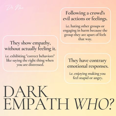 Dark empaths use empathy as a way to identify your needs. They understand your emotions, so they can manipulate you and get you to do what they want. ⁠ ⁠ Also, dark empaths have the opposite of an appropriate response. ⁠When you feel hurt due to their betrayal, they scoff or laugh at your pain.⁠ ⁠YIKES!⁠ ⁠ Dark Empaths, Dark Empath, Psychic Empath, Dark Triad, Emotionally Unavailable, Laugh At Yourself, Empath, Moon Child, Ux Design